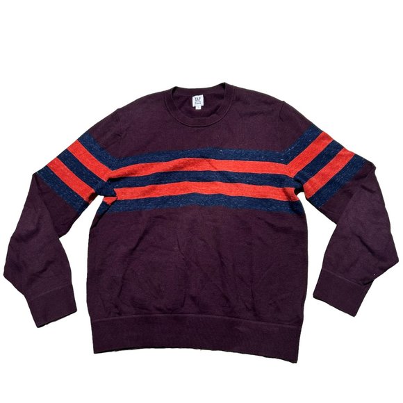 Gap Sweater Mens Large Maroon Striped Long Sleeve Crew Neck Casual Pullover - Picture 1 of 8